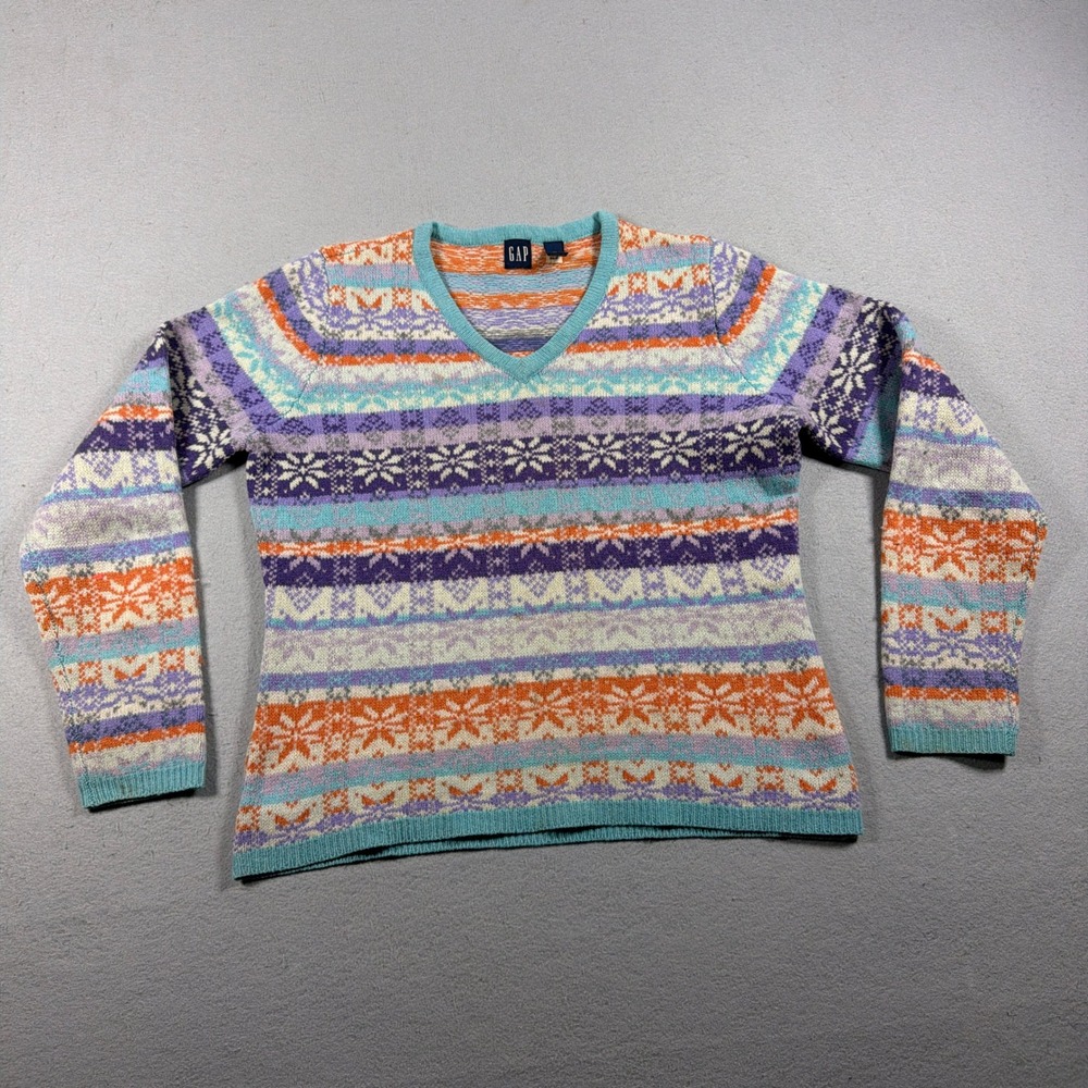 Gap Fair Isle Sweater Women Medium V Neck Lambswool Purple Orange Blue White Y2K